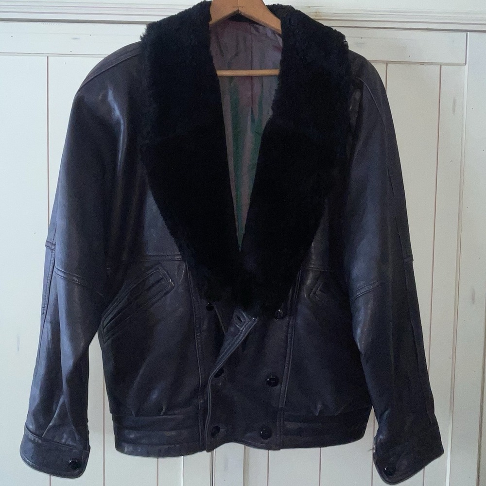 Vintage Veva Linea Pelle Italy Black Leather Faux Fur Bomber Jacket Women's Pads